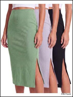 Women's Ribbed Midi Pencil Skirt High Waist Knee Length Work Slit 3 Pack